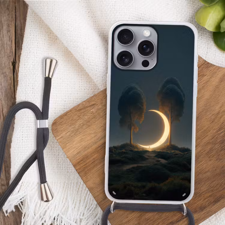 Maan - Bomen - Wandeling Hoesje iPhone 16 Pro Max met koord klein -sfeer4
