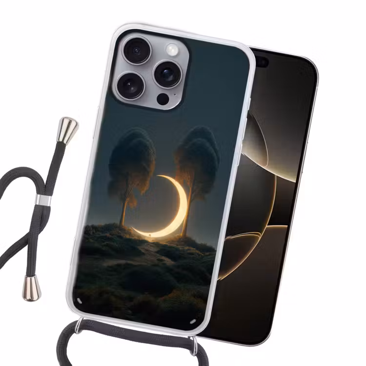 Maan - Bomen - Wandeling Hoesje iPhone 16 Pro Max met koord klein -sfeer1