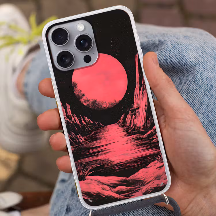 Maan - Felroze - Bergen - Rivier Hoesje iPhone 16 Pro Max met koord klein -sfeer3