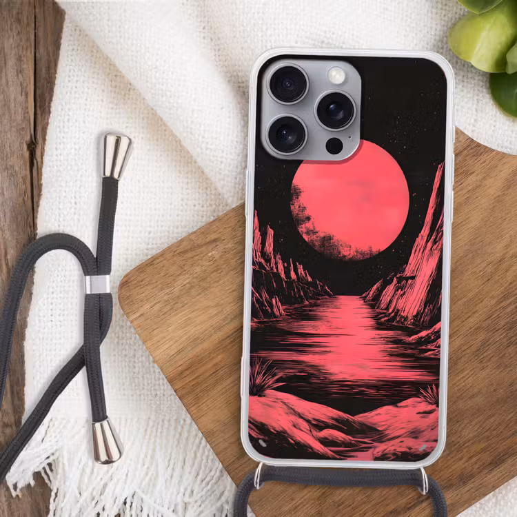 Maan - Felroze - Bergen - Rivier Hoesje iPhone 16 Pro Max met koord klein -sfeer4