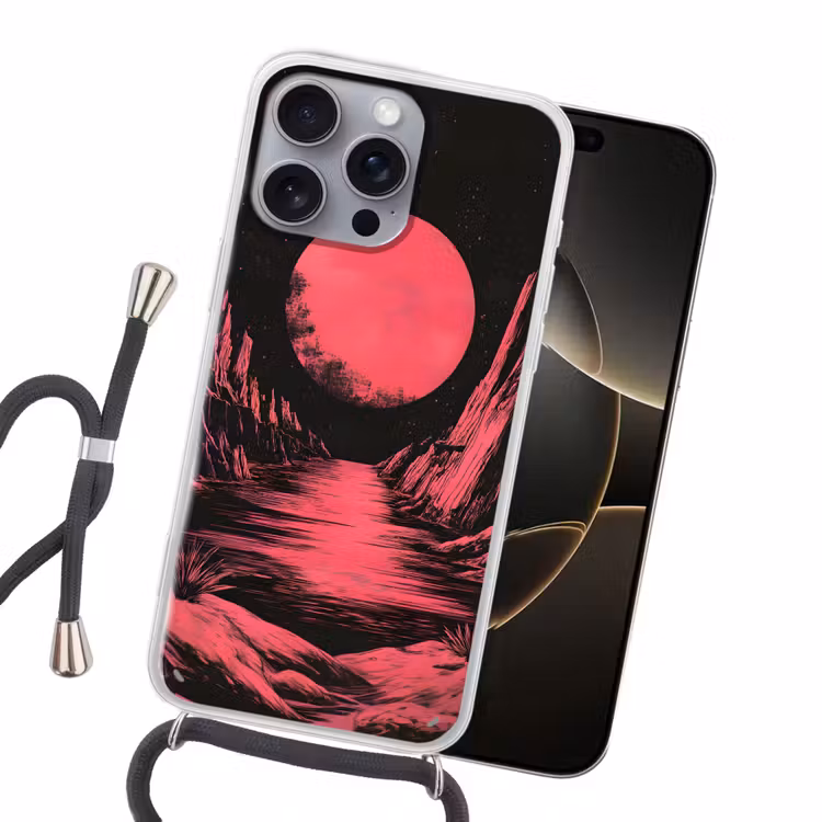Maan - Felroze - Bergen - Rivier Hoesje iPhone 16 Pro Max met koord klein -sfeer1