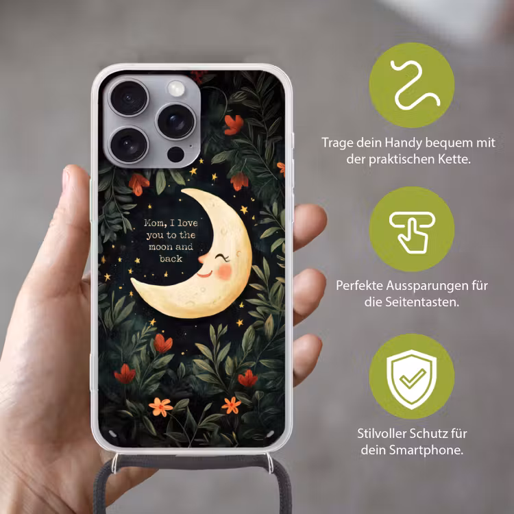 Maan - Quote - Bloemen - Sterren Hoesje iPhone 16 Pro Max met koord klein -sfeer2_DE
