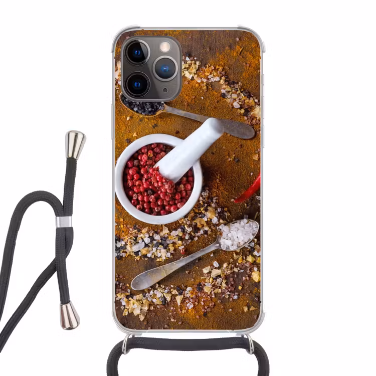 Vijzel - Kruiden - Lepels - Specerijen - Bruin - Peper Hoesje iPhone 12 Pro met koord klein -3d