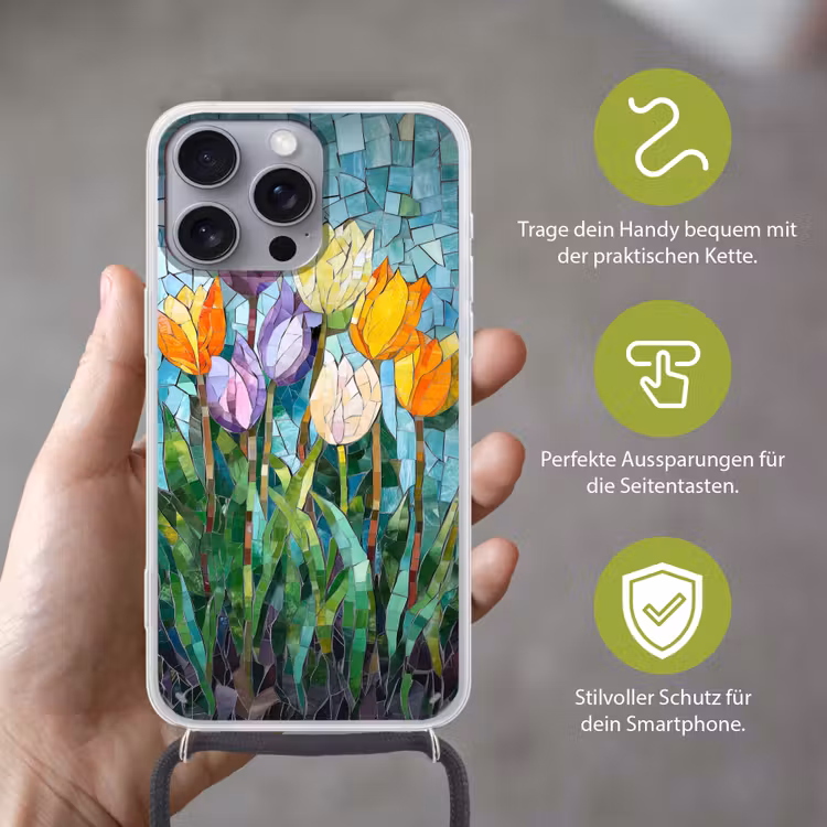 Mozaïek - Veld - Tulpen - Kleurrijk Hoesje iPhone 16 Pro Max met koord klein -sfeer2_DE