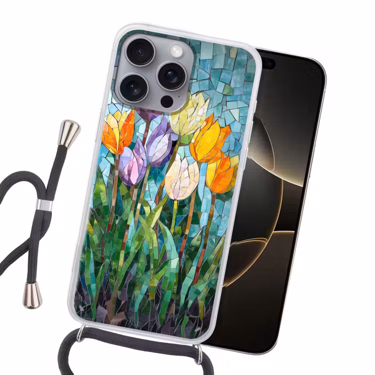 Mozaïek - Veld - Tulpen - Kleurrijk Hoesje iPhone 16 Pro Max met koord klein -sfeer1