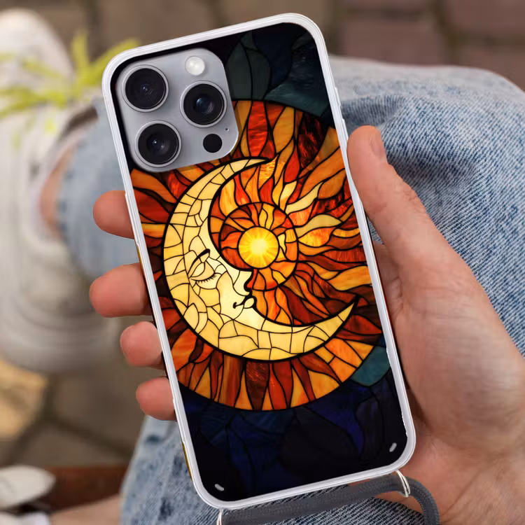Mozaïek - Glas - Maan - Donkerblauw Hoesje iPhone 16 Pro Max met koord klein -sfeer3