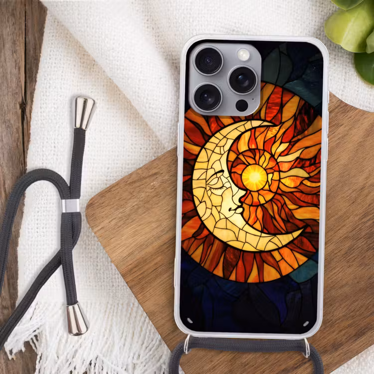 Mozaïek - Glas - Maan - Donkerblauw Hoesje iPhone 16 Pro Max met koord klein -sfeer4