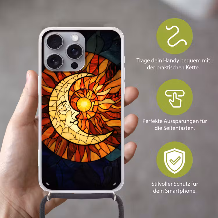 Mozaïek - Glas - Maan - Donkerblauw Hoesje iPhone 16 Pro Max met koord klein -sfeer2_DE