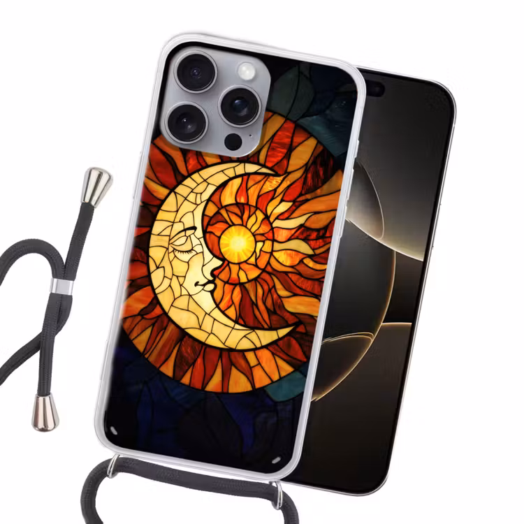 Mozaïek - Glas - Maan - Donkerblauw Hoesje iPhone 16 Pro Max met koord klein -sfeer1