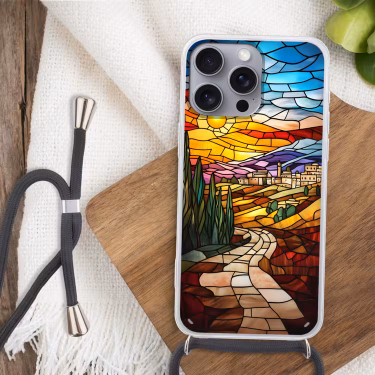 Mozaïek - Zon - Landschap - Dorp Hoesje iPhone 16 Pro Max met koord klein -sfeer4