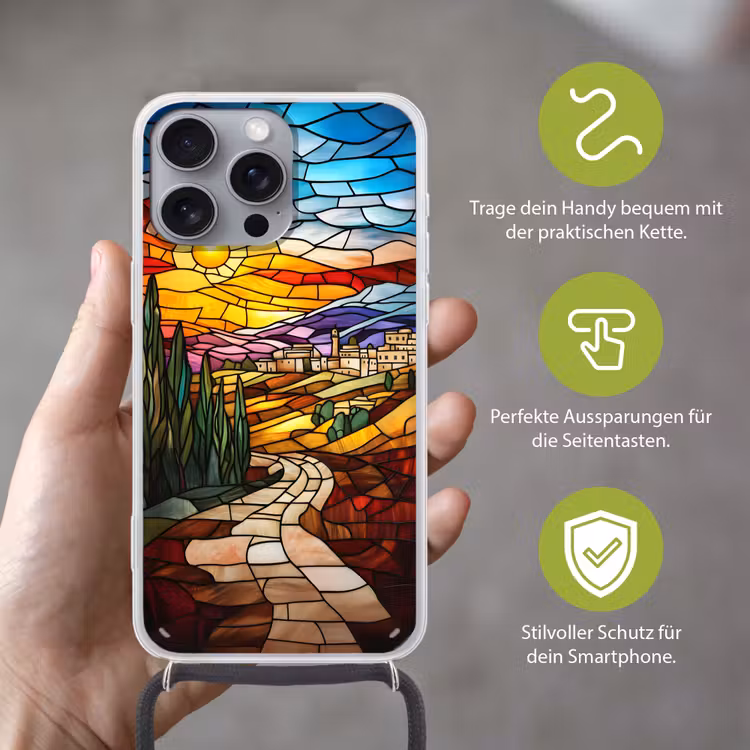 Mozaïek - Zon - Landschap - Dorp Hoesje iPhone 16 Pro Max met koord klein -sfeer2_DE
