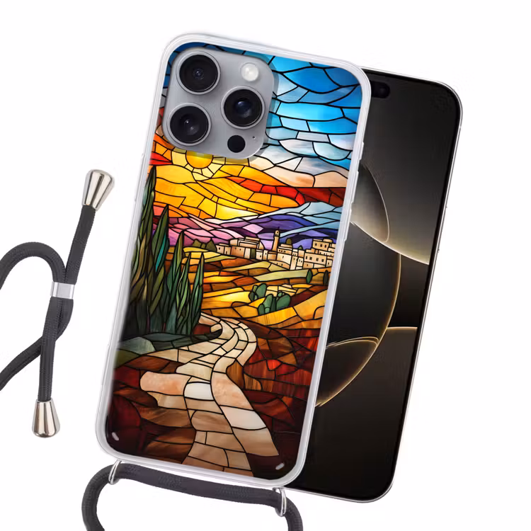 Mozaïek - Zon - Landschap - Dorp Hoesje iPhone 16 Pro Max met koord klein -sfeer1