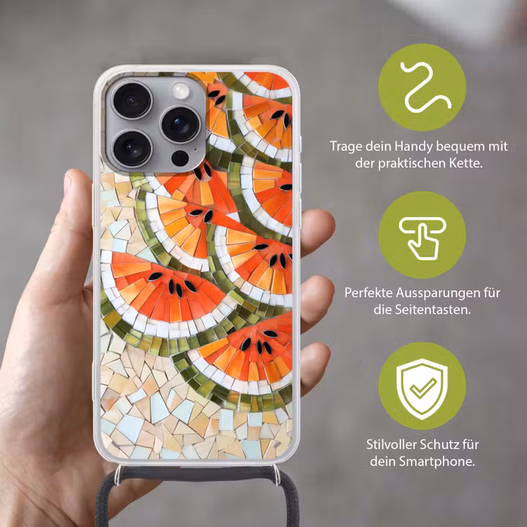 Mozaïek - Watermeloen - Rood - Pitten Hoesje iPhone 16 Pro Max met koord klein -sfeer2_DE