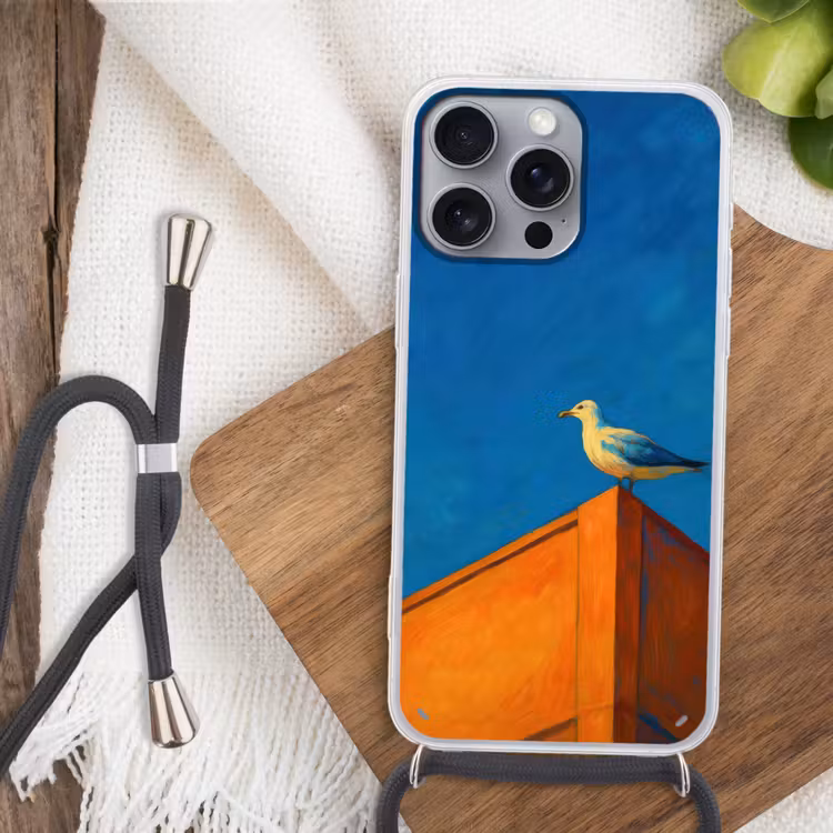 Meeuw - Gebouw - Lucht - Geschilderd Hoesje iPhone 16 Pro Max met koord klein -sfeer4