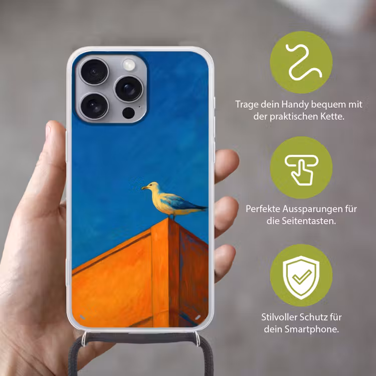 Meeuw - Gebouw - Lucht - Geschilderd Hoesje iPhone 16 Pro Max met koord klein -sfeer2_DE
