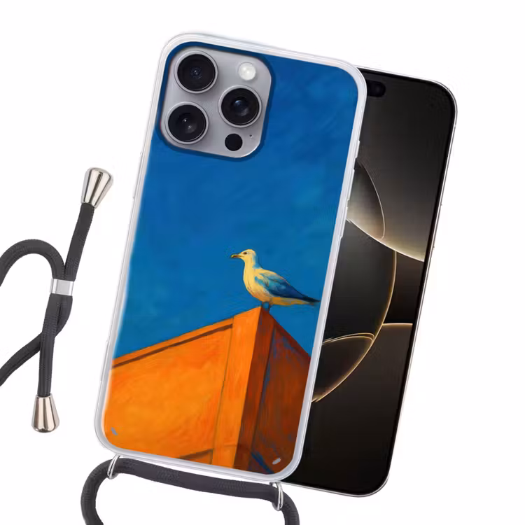 Meeuw - Gebouw - Lucht - Geschilderd Hoesje iPhone 16 Pro Max met koord klein -sfeer1
