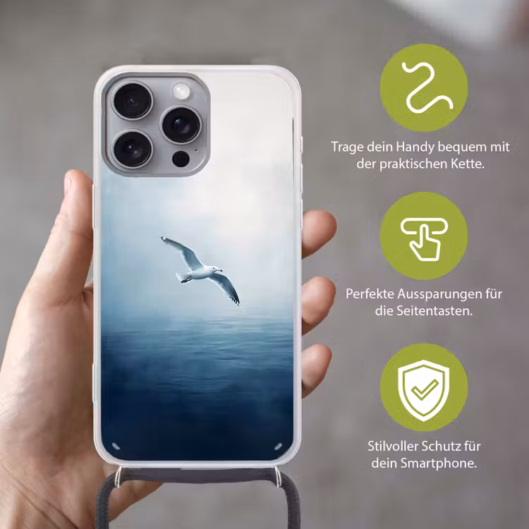 Meeuw - Wit - Zee - Mistig Hoesje iPhone 16 Pro Max met koord klein -sfeer2_DE