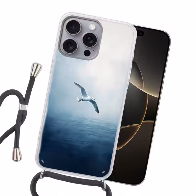 Meeuw - Wit - Zee - Mistig Hoesje iPhone 16 Pro Max met koord klein -sfeer1