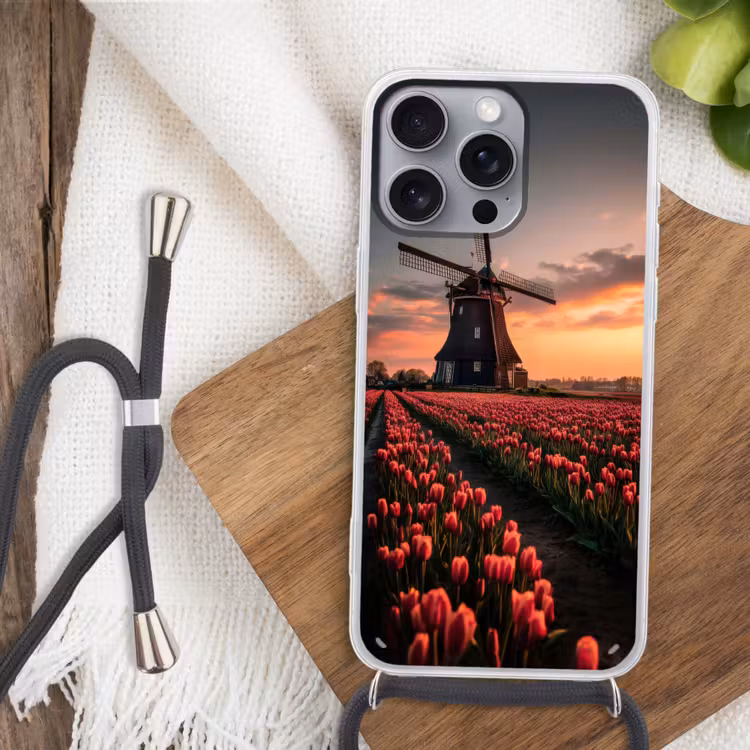 Molen - Zonsondergang - Tulpen - Rood Hoesje iPhone 16 Pro Max met koord klein -sfeer4