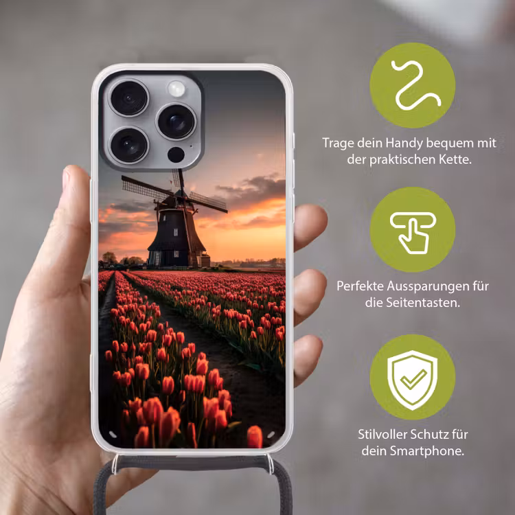 Molen - Zonsondergang - Tulpen - Rood Hoesje iPhone 16 Pro Max met koord klein -sfeer2_DE