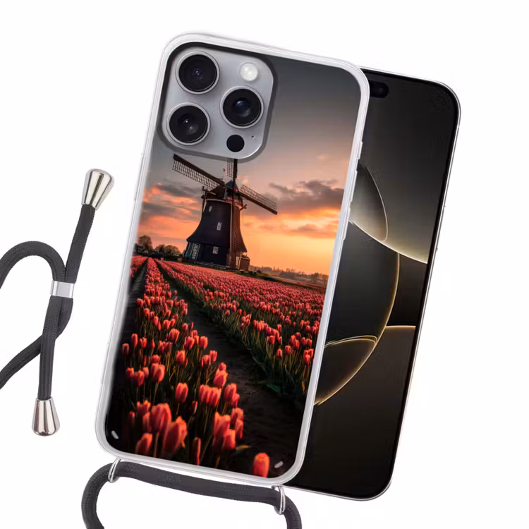 Molen - Zonsondergang - Tulpen - Rood Hoesje iPhone 16 Pro Max met koord klein -sfeer1