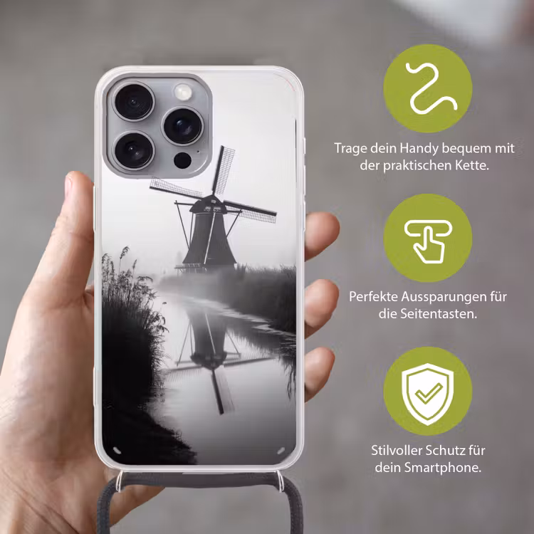 Molen - Weerspiegeling - Landschap - Water Hoesje iPhone 16 Pro Max met koord klein -sfeer2_DE