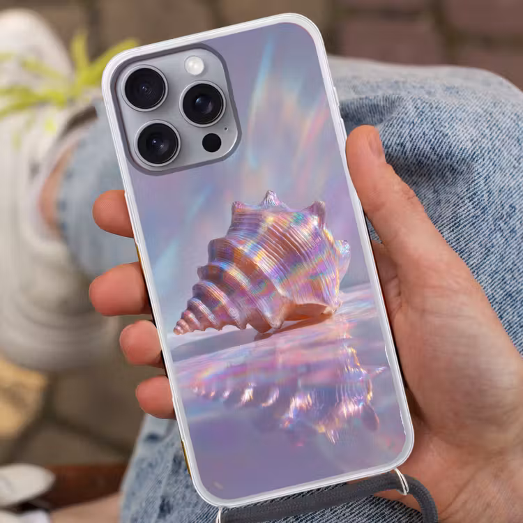 Schelp - Glanzend - Regenboogtinten Hoesje iPhone 16 Pro Max met koord klein -sfeer3