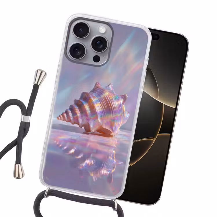 Schelp - Glanzend - Regenboogtinten Hoesje iPhone 16 Pro Max met koord klein -sfeer1