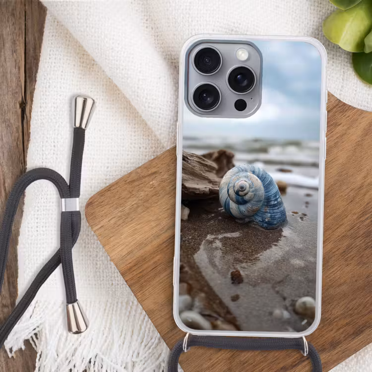 Schelp - Strand - Blauw - Zee Hoesje iPhone 16 Pro Max met koord klein -sfeer4