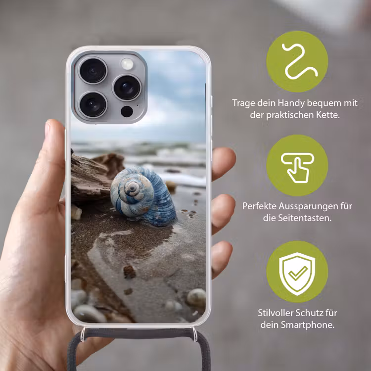 Schelp - Strand - Blauw - Zee Hoesje iPhone 16 Pro Max met koord klein -sfeer2_DE