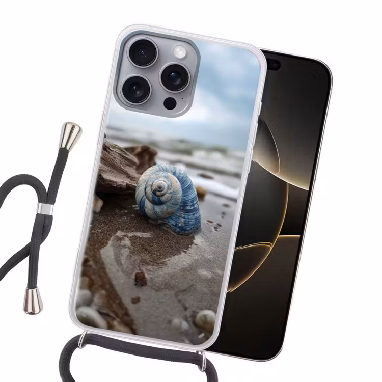 Schelp - Strand - Blauw - Zee Hoesje iPhone 16 Pro Max met koord klein -sfeer1