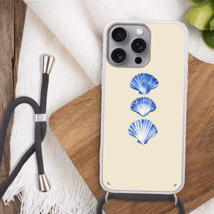 Schelpen - Blauw - Beige Hoesje iPhone 16 Pro Max met koord klein -sfeer4