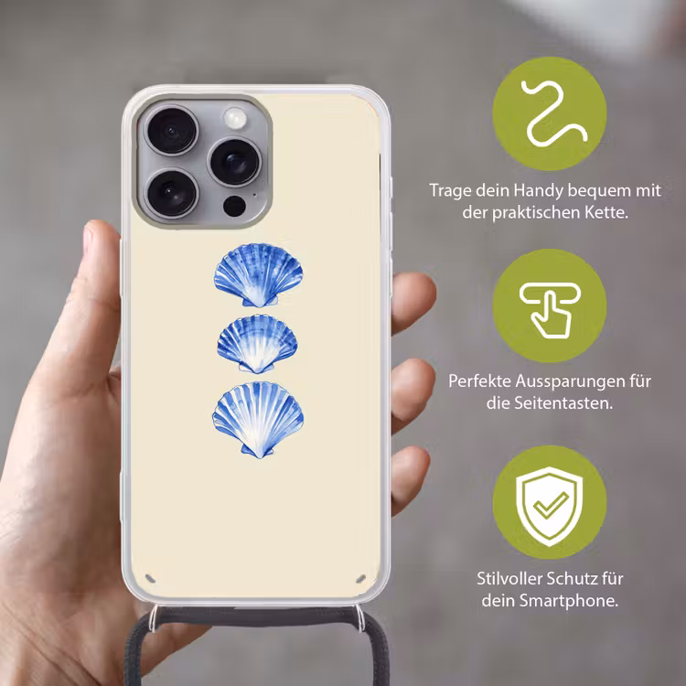 Schelpen - Blauw - Beige Hoesje iPhone 16 Pro Max met koord klein -sfeer2_DE