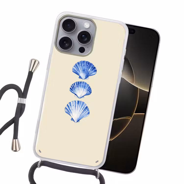 Schelpen - Blauw - Beige Hoesje iPhone 16 Pro Max met koord klein -sfeer1