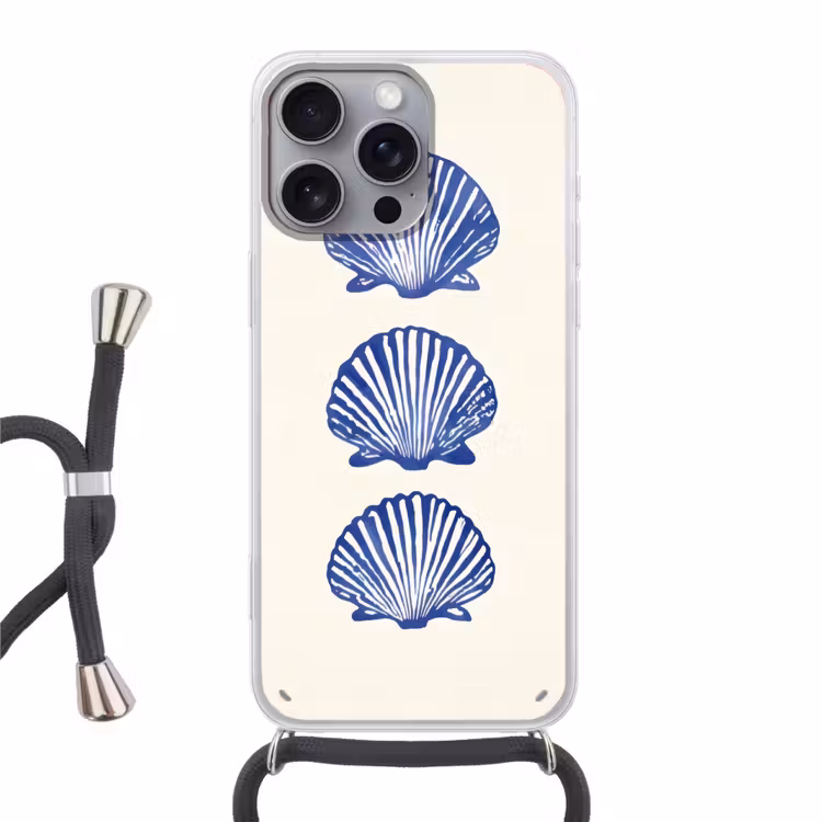 Schelpen - Blauw - Patroon Hoesje iPhone 16 Pro Max met koord klein -3d