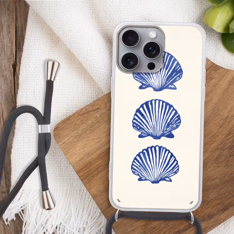 Schelpen - Blauw - Patroon Hoesje iPhone 16 Pro Max met koord klein -sfeer4
