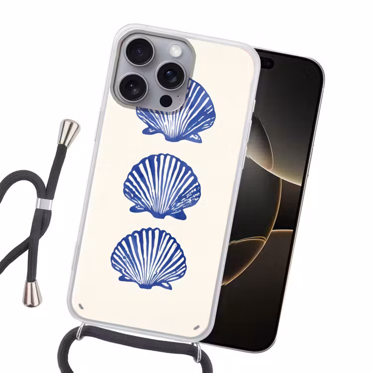 Schelpen - Blauw - Patroon Hoesje iPhone 16 Pro Max met koord klein -sfeer1