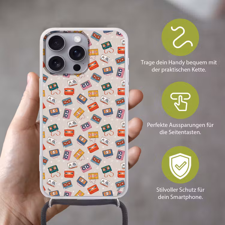 Muziek - Cassette - Patroon Hoesje iPhone 16 Pro Max met koord klein 804 -sfeer2_DE