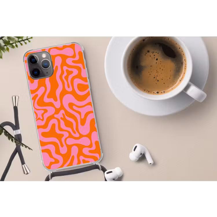 Patroon - Roze - Oranje - Abstract - Modern Hoesje iPhone 12 Pro met koord klein -oordop