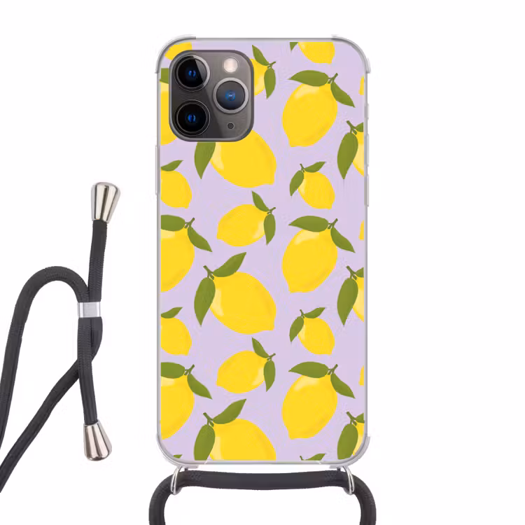 Citroenen patroon - Geel - Paars - Patroon - Vruchten Hoesje iPhone 12 Pro met koord klein -3d