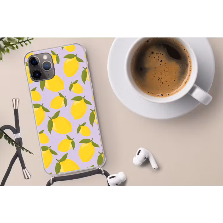 Citroenen patroon - Geel - Paars - Patroon - Vruchten Hoesje iPhone 12 Pro met koord klein -oordop