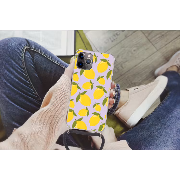 Citroenen patroon - Geel - Paars - Patroon - Vruchten Hoesje iPhone 12 Pro met koord klein -hand