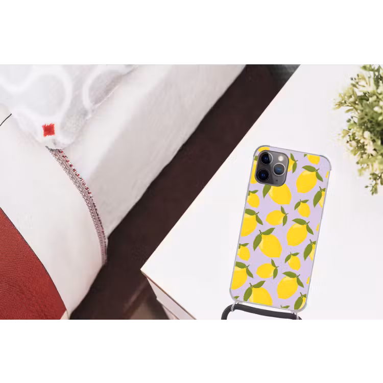 Citroenen patroon - Geel - Paars - Patroon - Vruchten Hoesje iPhone 12 Pro met koord klein -kamer