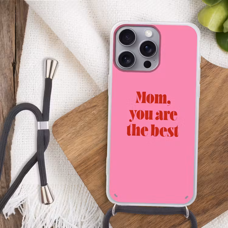 Moeder - Boodschap -Roze Hoesje iPhone 16 Pro Max met koord klein -sfeer4