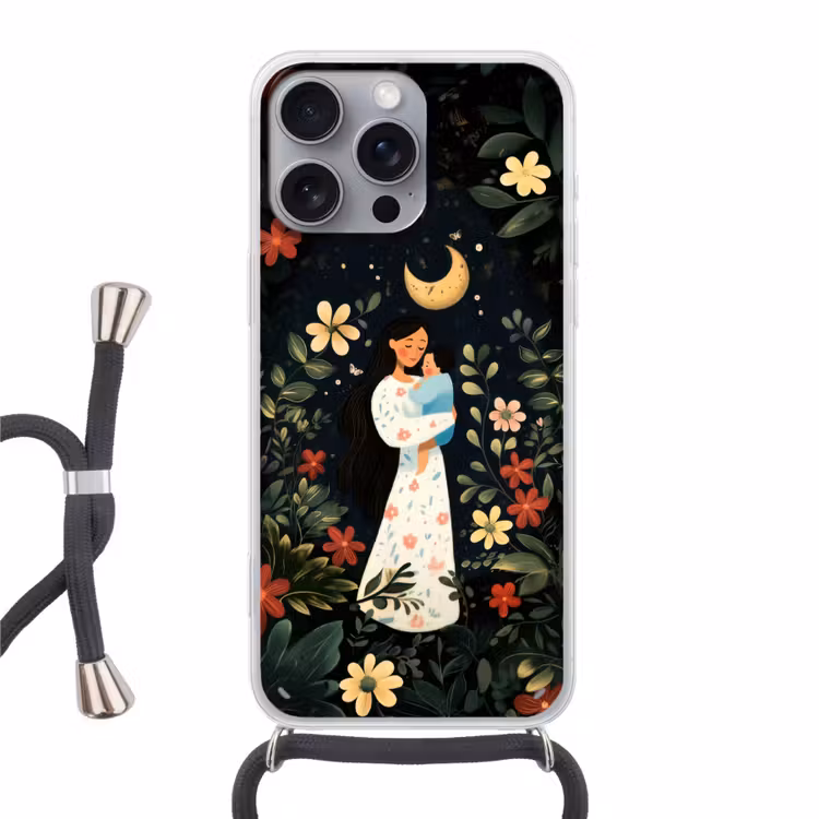Moeder - Kind - Kleurrijk - Bloemen Hoesje iPhone 16 Pro Max met koord klein -3d