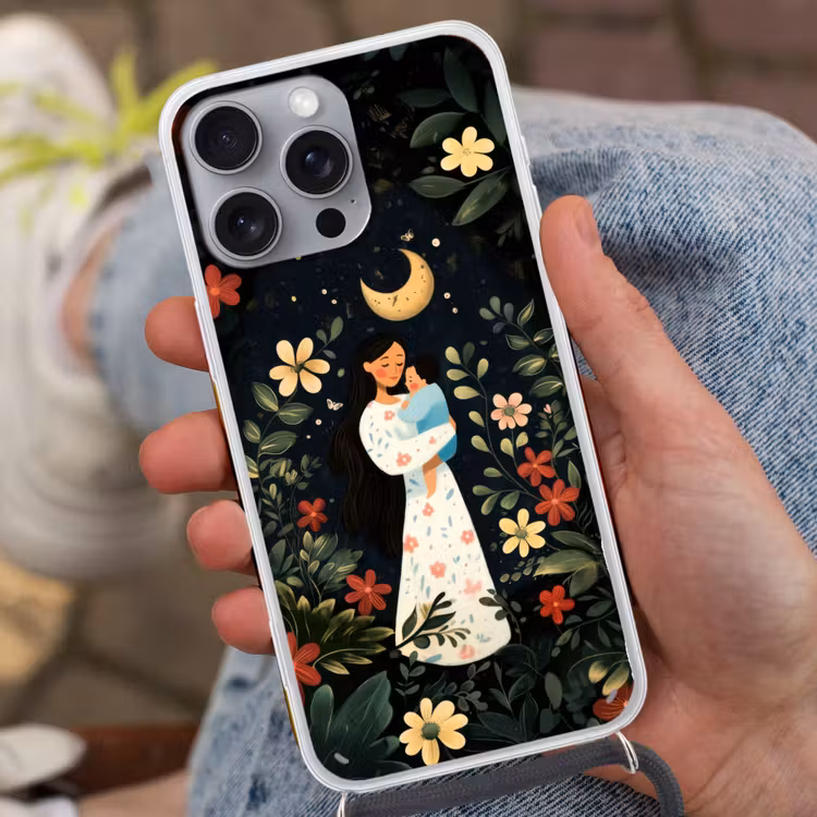 Moeder - Kind - Kleurrijk - Bloemen Hoesje iPhone 16 Pro Max met koord klein -sfeer3