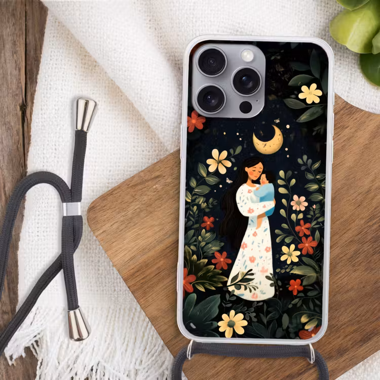 Moeder - Kind - Kleurrijk - Bloemen Hoesje iPhone 16 Pro Max met koord klein -sfeer4