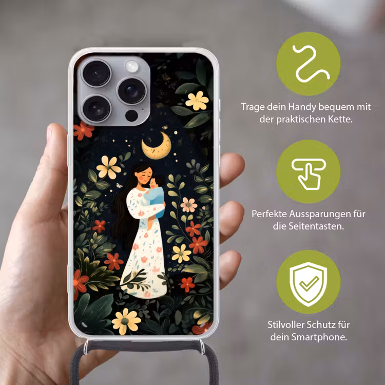 Moeder - Kind - Kleurrijk - Bloemen Hoesje iPhone 16 Pro Max met koord klein -sfeer2_DE