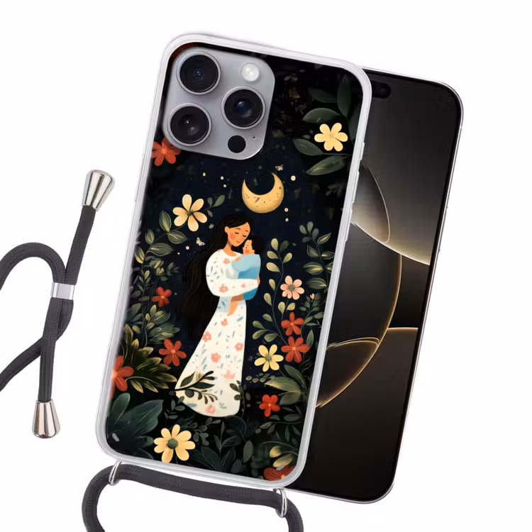 Moeder - Kind - Kleurrijk - Bloemen Hoesje iPhone 16 Pro Max met koord klein -sfeer1
