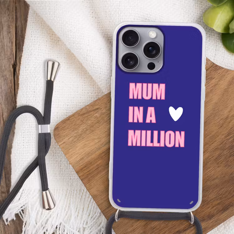 Moeder - Tekst - Blauw - Hartje Hoesje iPhone 16 Pro Max met koord klein -sfeer4